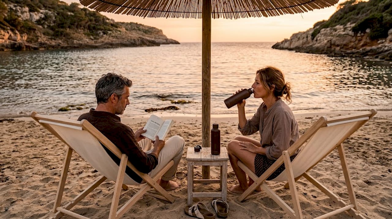 Due persone adulte si godono il relax sotto l’ombrellone in spiaggia.