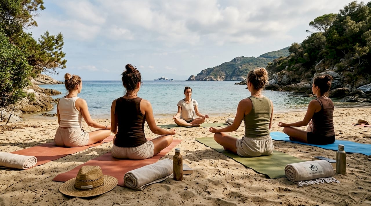 Sessione di yoga sulla spiaggia dorata dell’Elba, circondati da scogli e dal suono del mare.