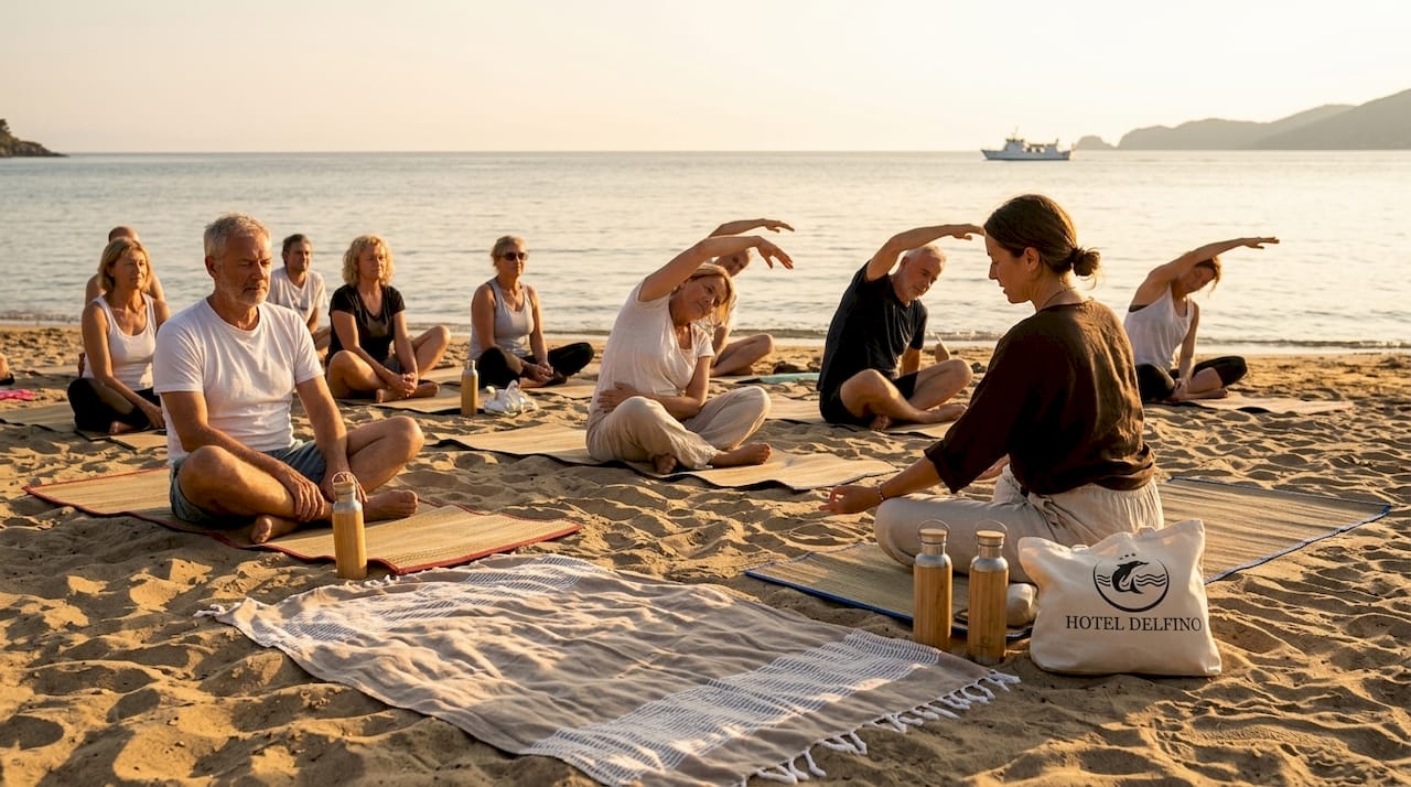 Un gruppo di persone si ritrova sulla spiaggia dell’Elba per una sessione di yoga all’alba, immersi nella tranquillità del mare e dei primi raggi di sole.