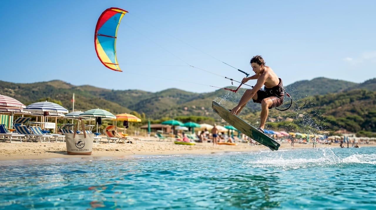 Kitesurf sulle acque trasparenti della spiaggia dell’Elba