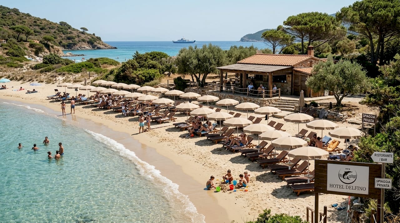 Spiaggia privata baciata dal sole, attrezzata con ombrelloni e animata dalla presenza degli ospiti.