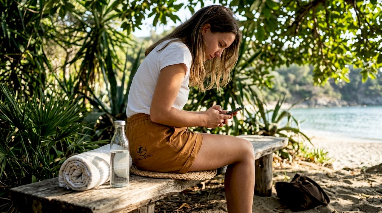 Donna che prenota attività acquatiche all’aperto direttamente dal suo smartphone