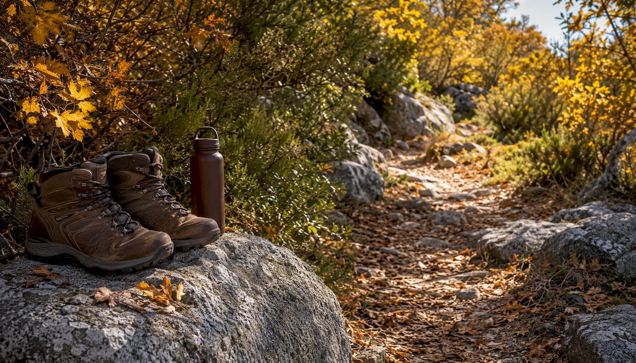 Sentiero d’autunno deserto nel Parco Nazionale dell’Elba, con zaino e attrezzatura da trekking pronti per una nuova avventura.