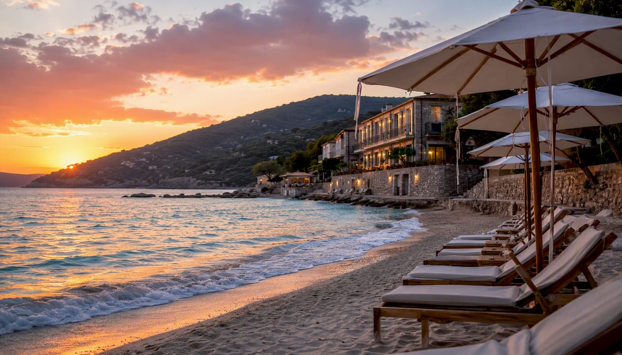 Hotel affacciato direttamente sul mare, con spiaggia privata e acque cristalline.