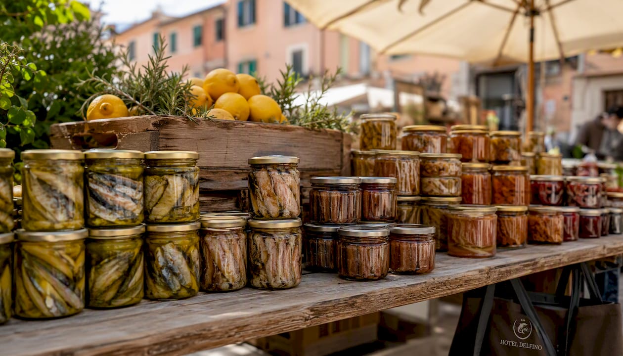 Banco del mercato con vasetti di conserve di pesce tipiche dell’Elba