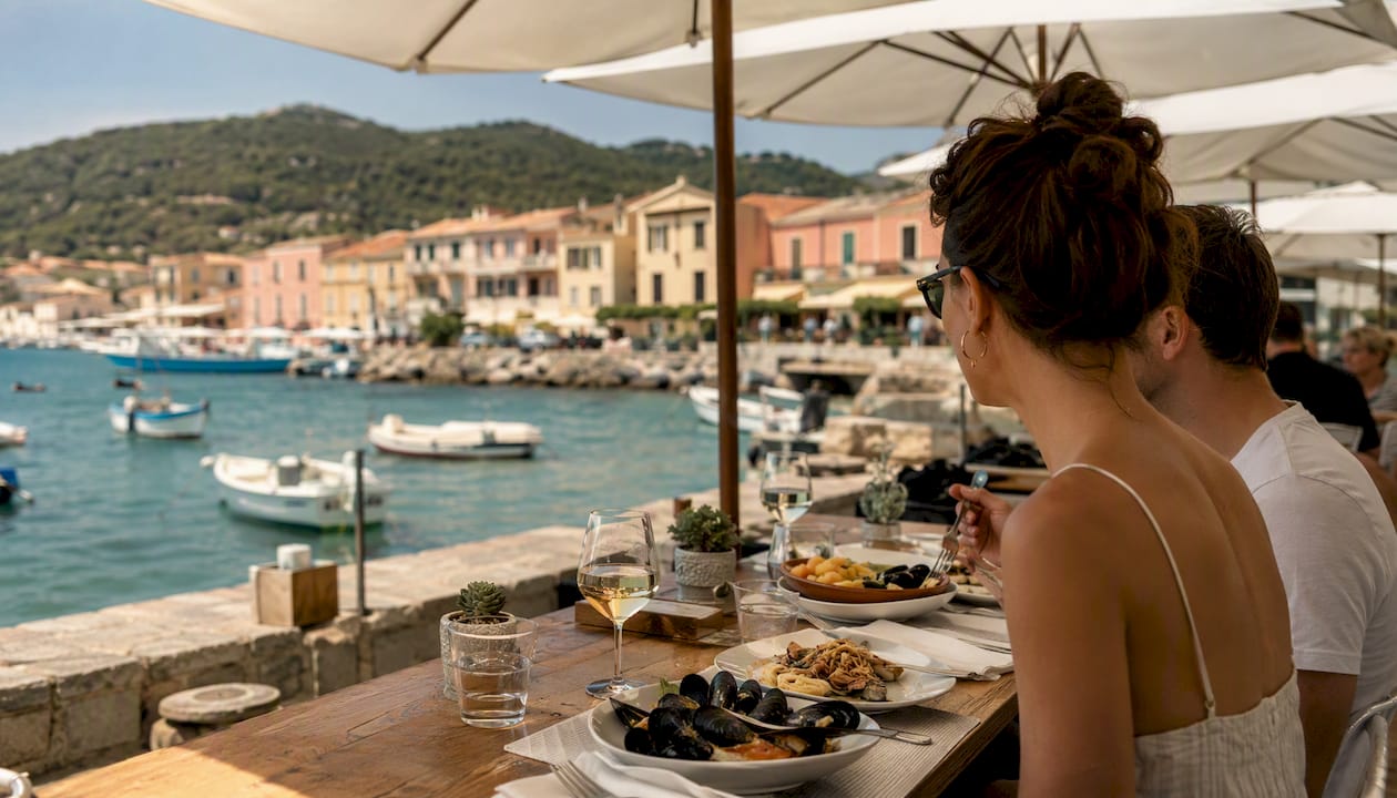 Terrazza di un caffè vista mare a Marciana Marina, dove gustare specialità di pesce fresco
