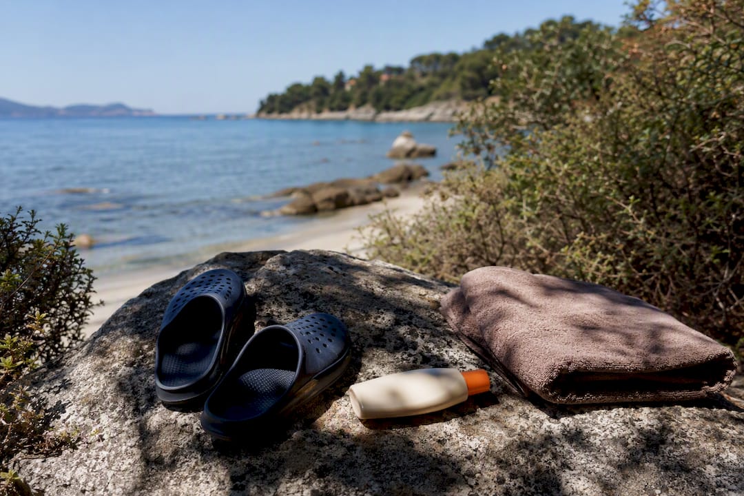 Essenziali per la spiaggia su una roccia naturale all'Elba