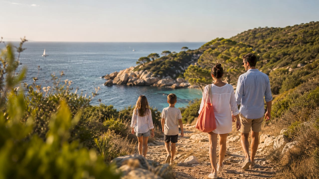 Famiglia che cammina su un sentiero lungo la costa dell’Elba
