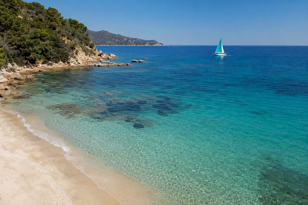 Baia dell’Elba con acque cristalline e una barca