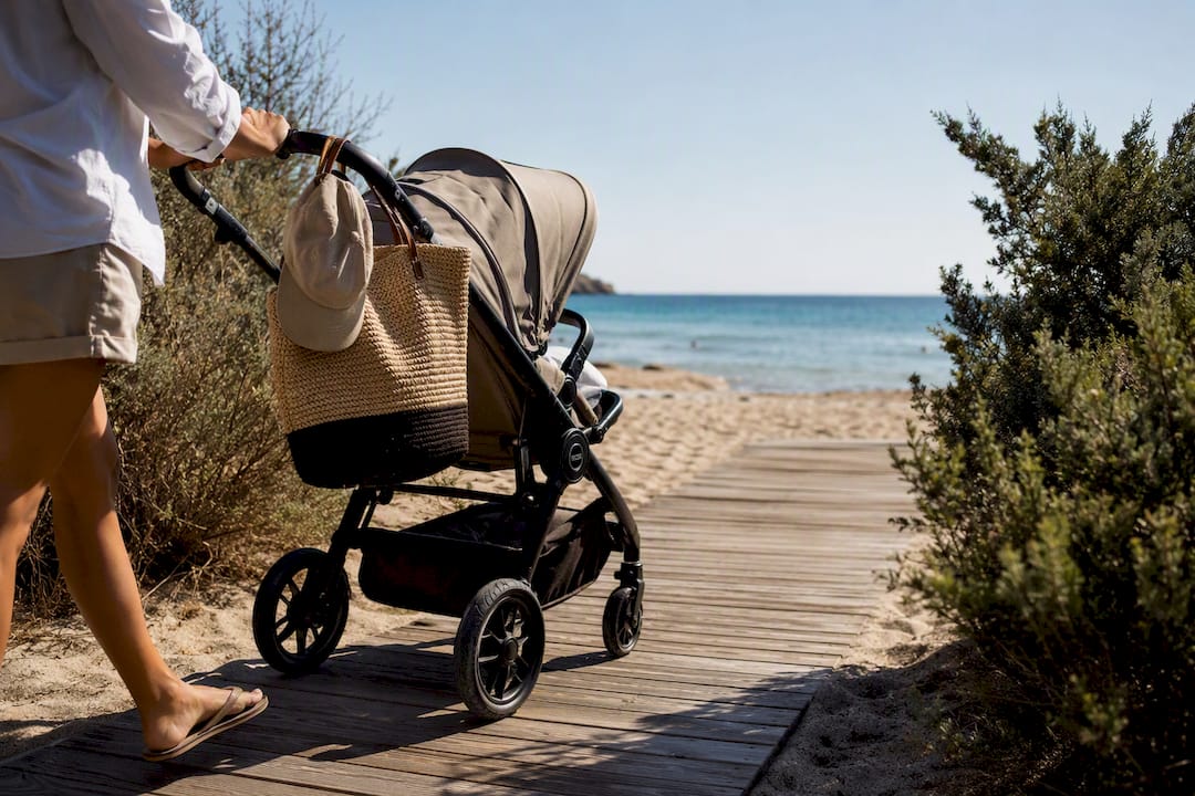 Passeggino sulla passerella che conduce alla spiaggia
