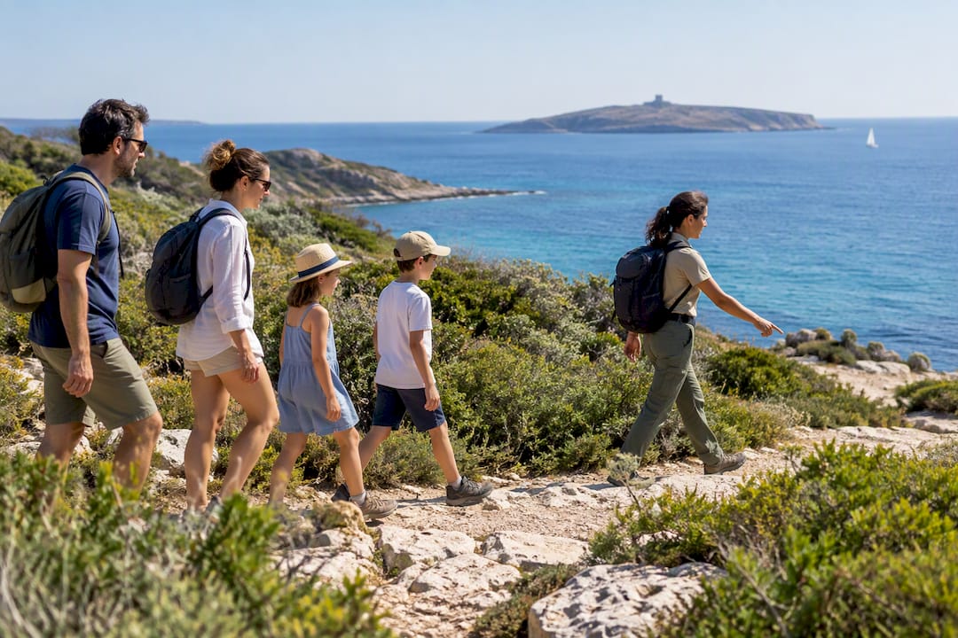 Guida che accompagna i visitatori lungo un sentiero di Pianosa