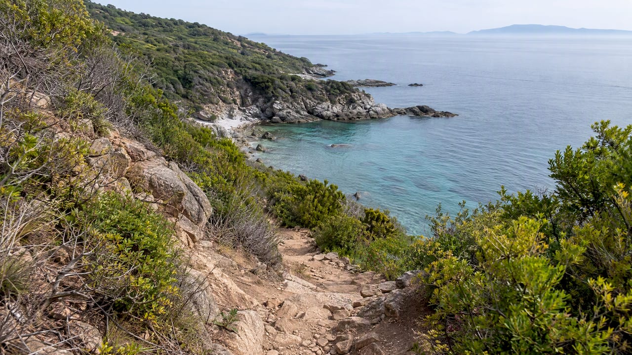 Sentiero lungo la costa dell’Elba che scende verso una piccola cala