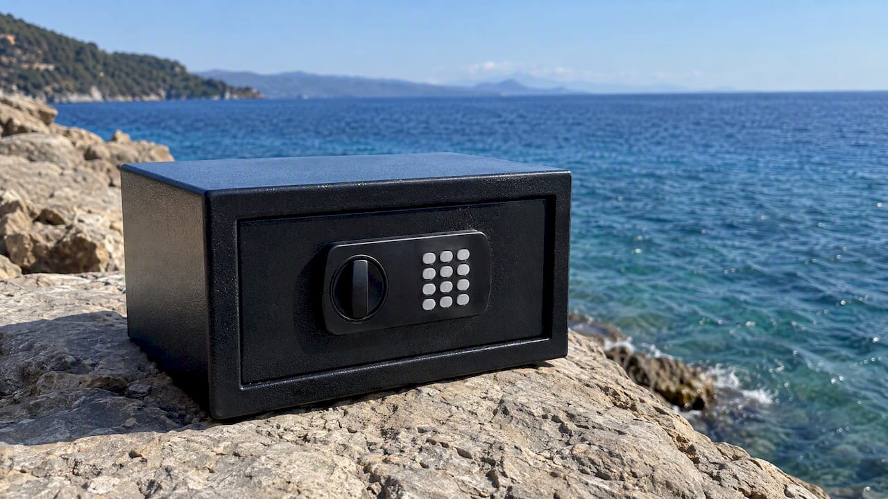 Cassaforte elettronica con il mare alle spalle